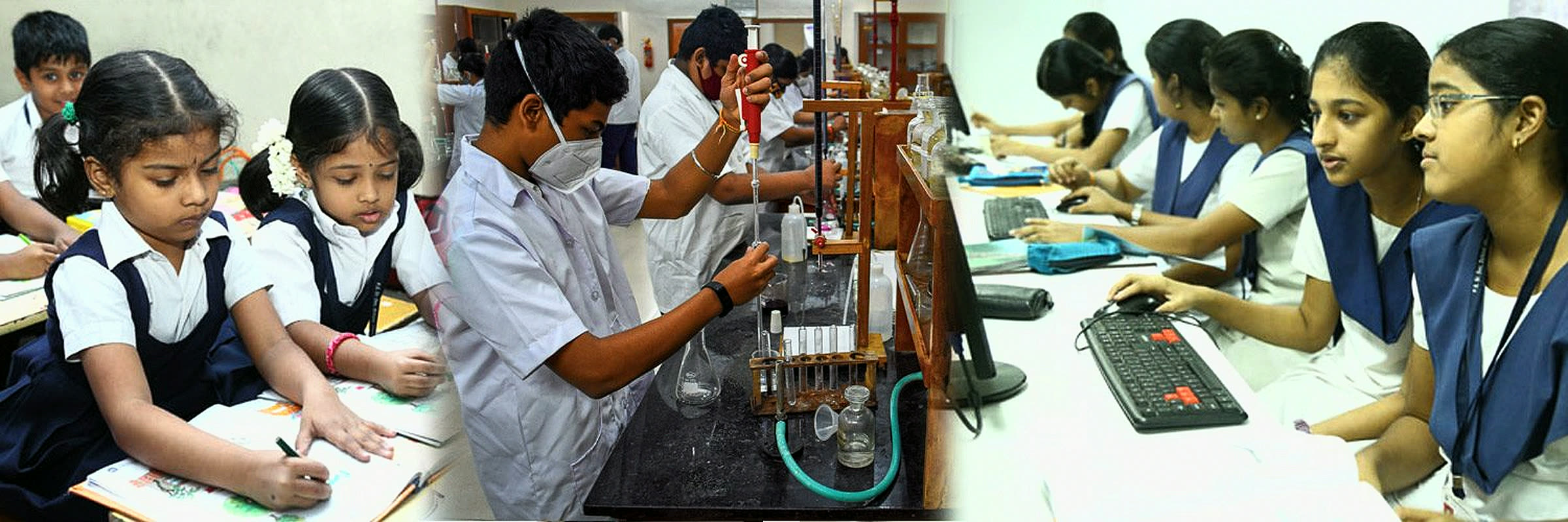 Students learning in a classroom, a laboratory and a computer lab
