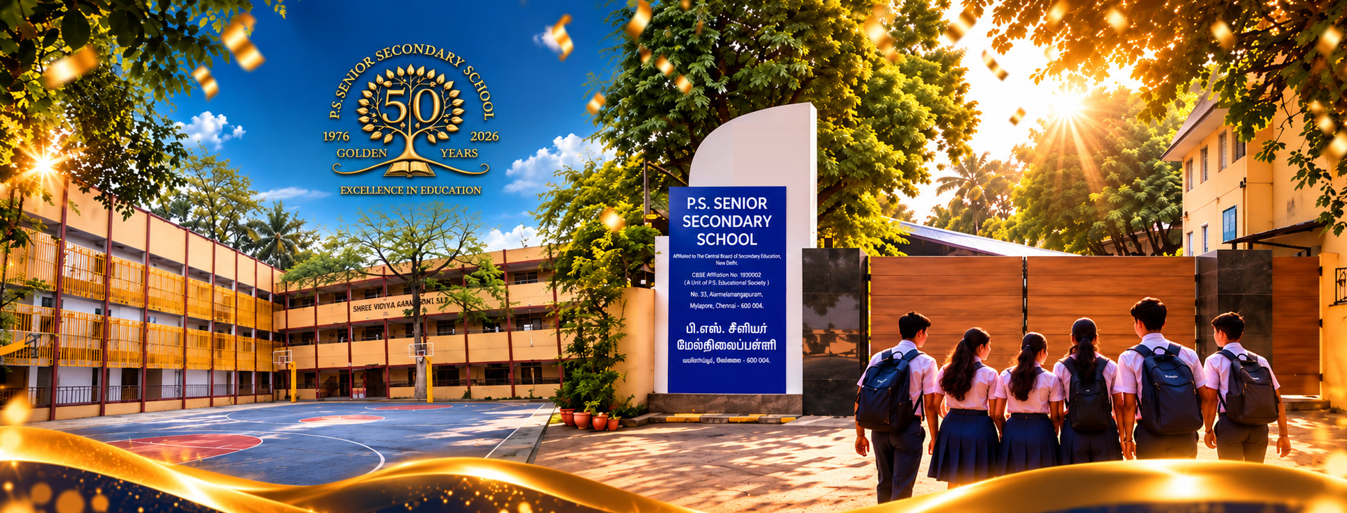 The Golden Jubilee emblem of P.S. Senior Secondary School: a golden tree around the number 50, 1976 to 2026