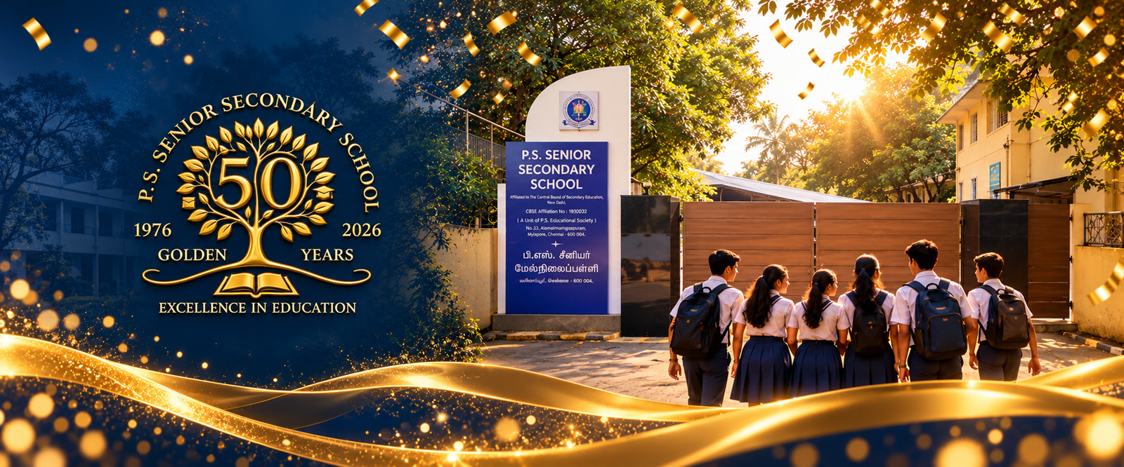 The Golden Jubilee emblem of P.S. Senior Secondary School: a golden tree around the number 50, 1976 to 2026