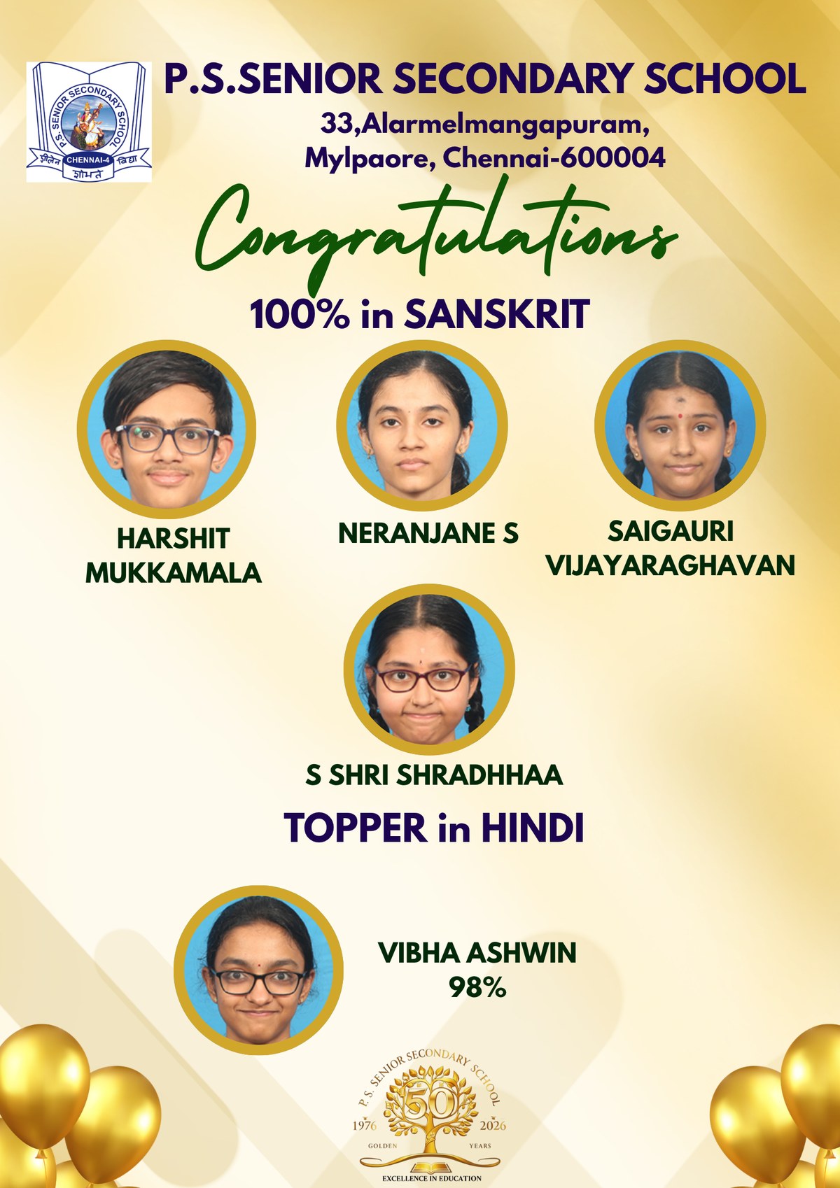 100% in Sanskrit and Topper in Hindi